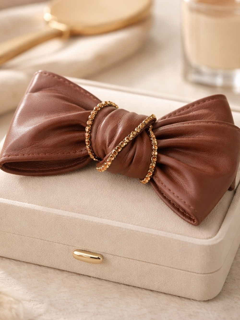 NWOT Anthropologie Elegant Rhinestone faux brown leather bow with clip OS